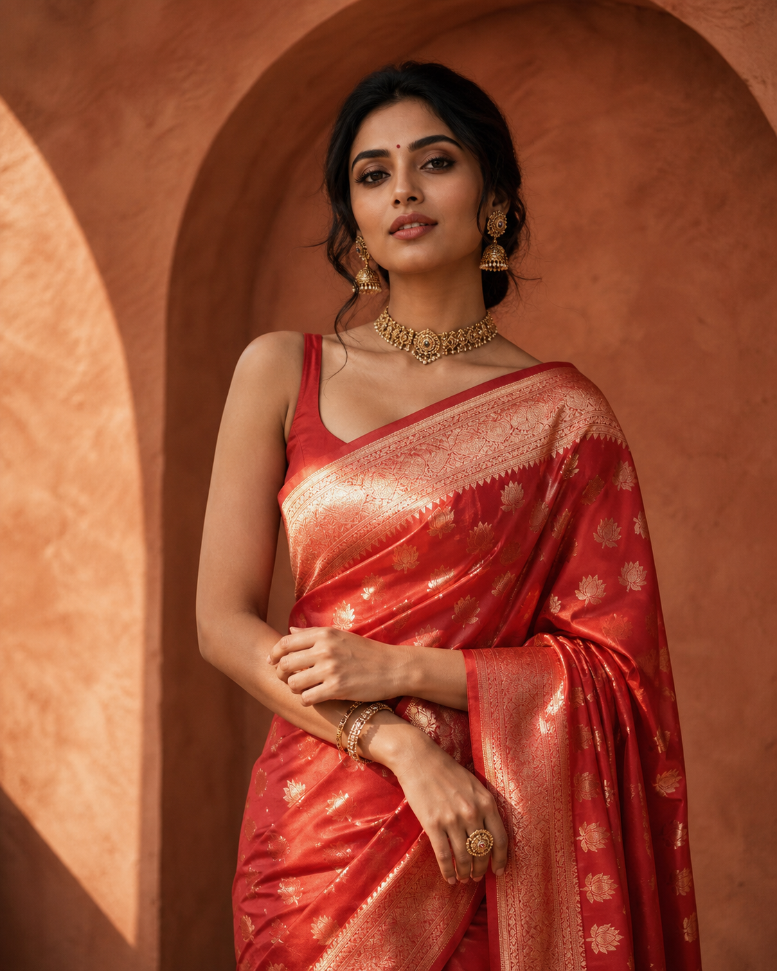 Woman wearing a red Banarasi silk saree